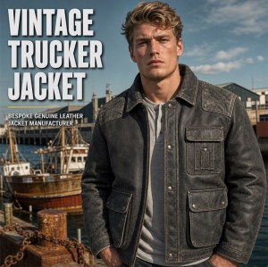 Men's Coal Grey Fisherman Workwear Leather Jacket, Icelandic Cut