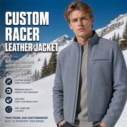 Men's Mist Grey Blue Ski Outdoor Leather Jacket, Norwegian Cut