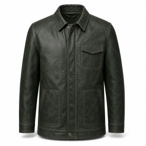 Men's Forest Green Fjord Travel Leather Jacket, Plain Norwegian Cut