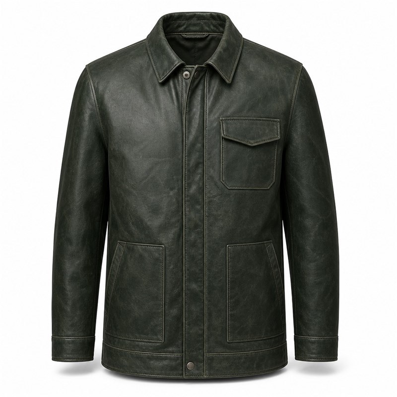 Men's Forest Green Fjord Travel Leather Jacket, Plain Norwegian Cut