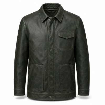 Men's Forest Green Fjord Travel Leather Jacket, Plain Norwegian Cut