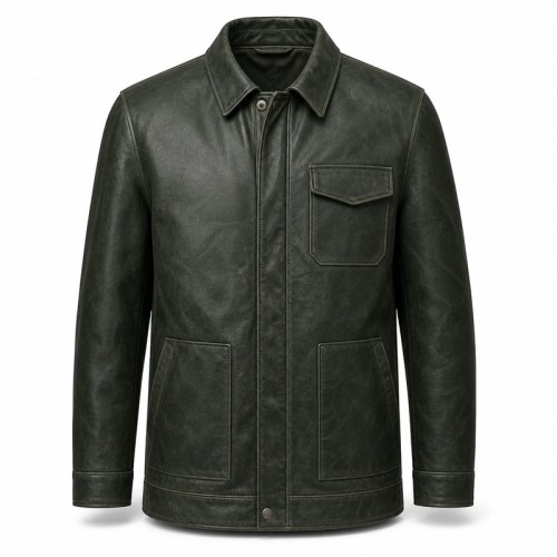 Men's Forest Green Fjord Travel Leather Jacket, Plain Norwegian Cut