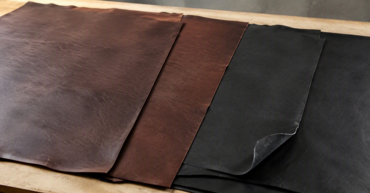 Close-up of dark brown full-grain leather panels laid beside black leather panels on a workshop bench