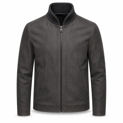 Men's Anthracite Grey Wool Collar Leather Jacket, Norwegian Cut