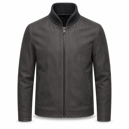 Men's Anthracite Grey Wool Collar Leather Jacket, Norwegian Cut