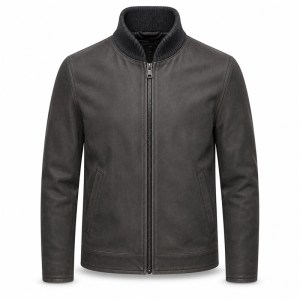 Men's Anthracite Grey Wool Collar Leather Jacket, Norwegian Cut