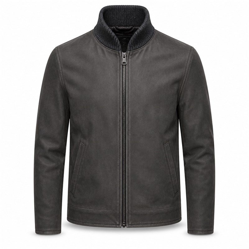 Men's Anthracite Grey Wool Collar Leather Jacket, Norwegian Cut