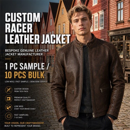 Men's Deep Coffee Brown Vintage Racer Leather Jacket, Norwegian Cut
