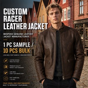 Men's Deep Coffee Brown Vintage Racer Leather Jacket, Norwegian Cut