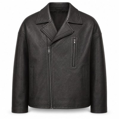 Men's Matte Black Boxy Biker Leather Jacket, Plain Swedish Cut
