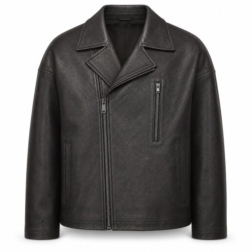 Men's Matte Black Boxy Biker Leather Jacket, Plain Swedish Cut
