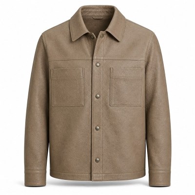 Men's Mist Sand Brown Shirt Leather Jacket, Plain Swedish Cut
