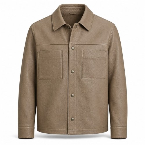 Men's Mist Sand Brown Shirt Leather Jacket, Plain Swedish Cut