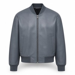 Men's Grey Stone Blue Bomber Leather Jacket, Plain Swedish Cut