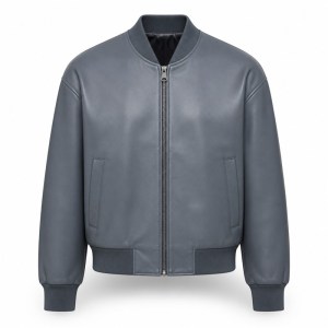 Men's Grey Stone Blue Bomber Leather Jacket, Plain Swedish Cut