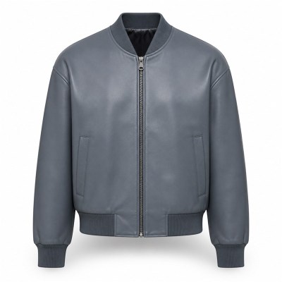Men's Grey Stone Blue Bomber Leather Jacket, Plain Swedish Cut