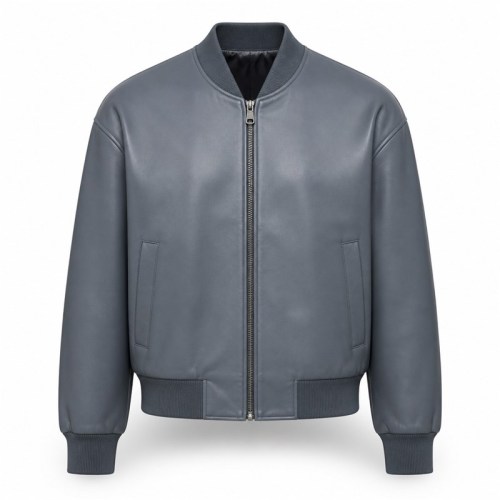 Men's Grey Stone Blue Bomber Leather Jacket, Plain Swedish Cut