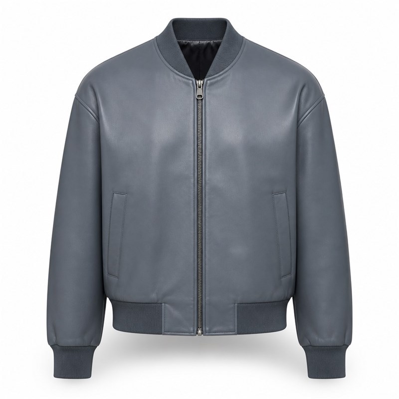 Men's Grey Stone Blue Bomber Leather Jacket, Plain Swedish Cut