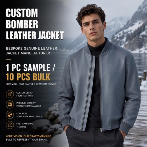 Men's Grey Stone Blue Bomber Leather Jacket, Plain Swedish Cut