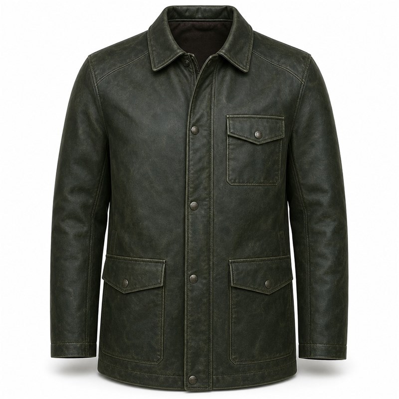 Men's Deep Forest Green Field Leather Jacket, Plain Finnish Cut
