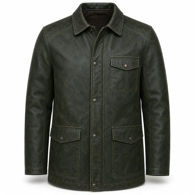 Men's Deep Forest Green Field Leather Jacket, Plain Finnish Cut