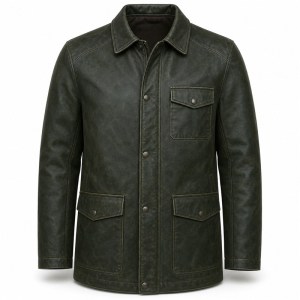 Men's Deep Forest Green Field Leather Jacket, Plain Finnish Cut