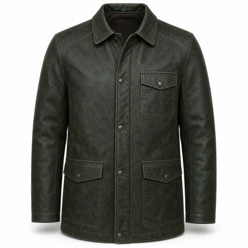 Men's Deep Forest Green Field Leather Jacket, Plain Finnish Cut