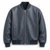 Men's Cold Grey Blue Bomber Leather Jacket, Plain Finnish Cut