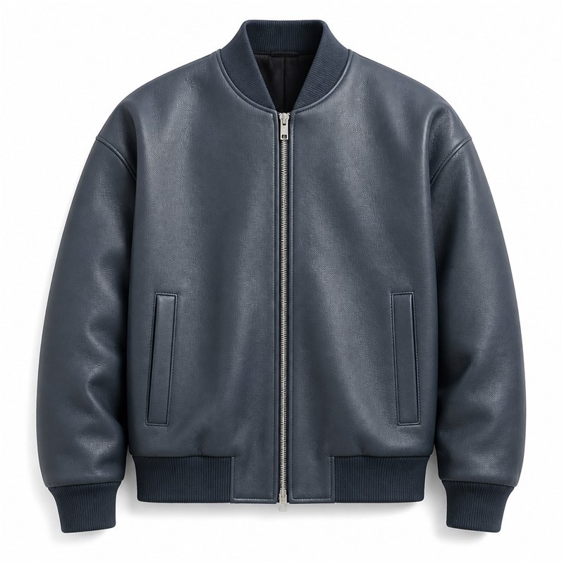 Men's Cold Grey Blue Bomber Leather Jacket, Plain Finnish Cut