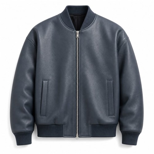 Men's Cold Grey Blue Bomber Leather Jacket, Plain Finnish Cut
