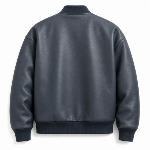 Men's Cold Grey Blue Bomber Leather Jacket, Plain Finnish Cut