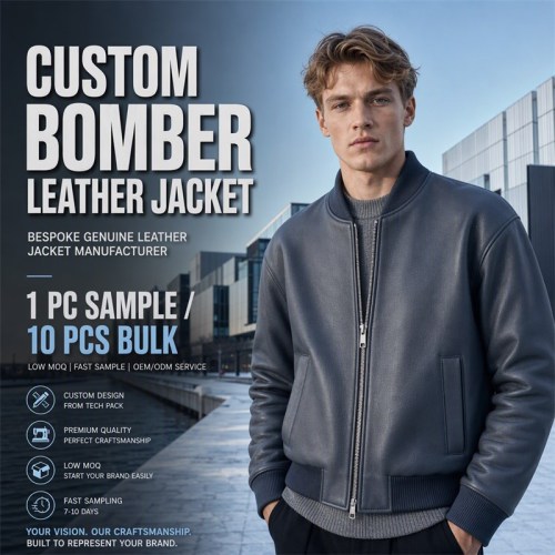 Men's Cold Grey Blue Bomber Leather Jacket, Plain Finnish Cut