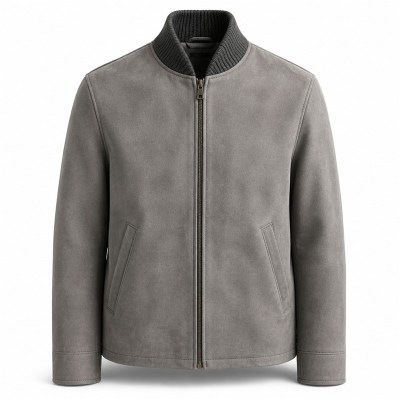 Men's Mist Grey Wool Collar Leather Jacket, Plain Finnish Cut
