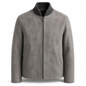 Men's Mist Grey Wool Collar Leather Jacket, Plain Finnish Cut