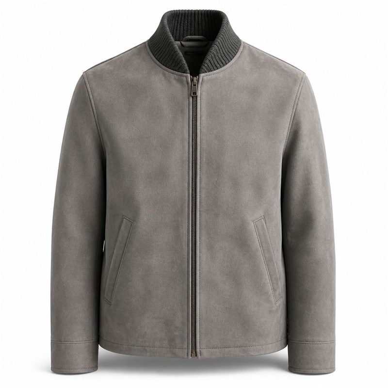 Men's Mist Grey Wool Collar Leather Jacket, Plain Finnish Cut