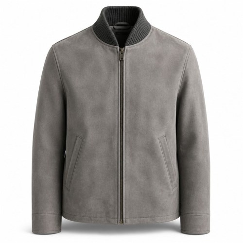 Men's Mist Grey Wool Collar Leather Jacket, Plain Finnish Cut