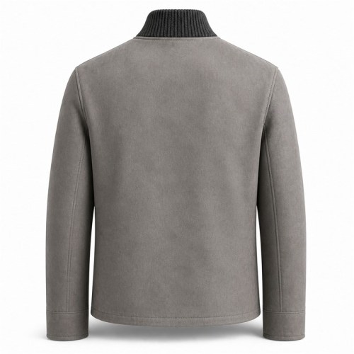 Men's Mist Grey Wool Collar Leather Jacket, Plain Finnish Cut