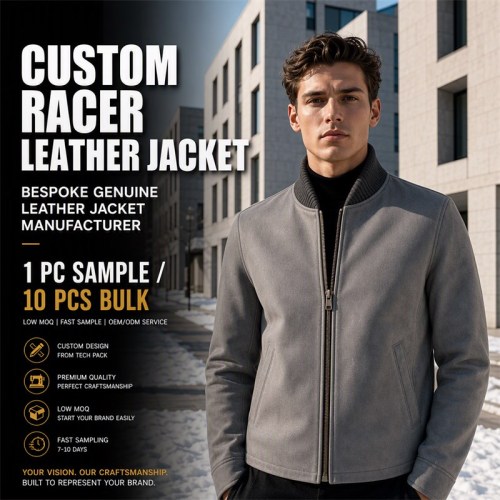 Men's Mist Grey Wool Collar Leather Jacket, Plain Finnish Cut