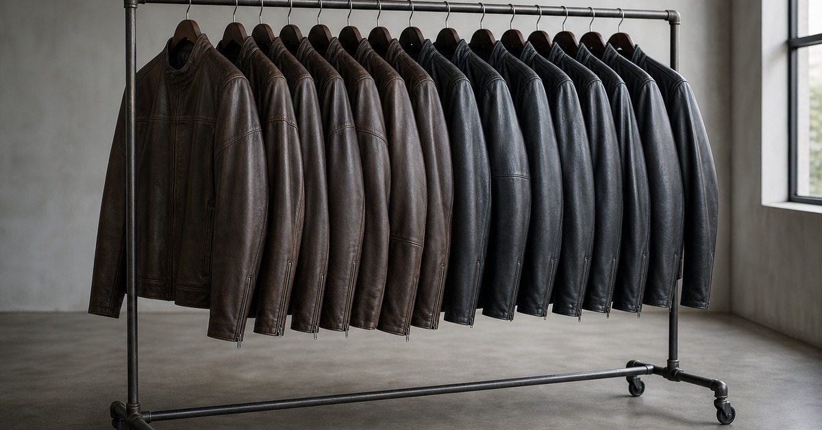 Finished men's leather jackets on a factory rack awaiting export packing