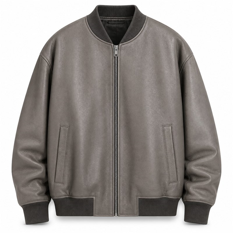 Men's Chinchilla Grey Relaxed Bomber Leather Jacket, Danish Cut