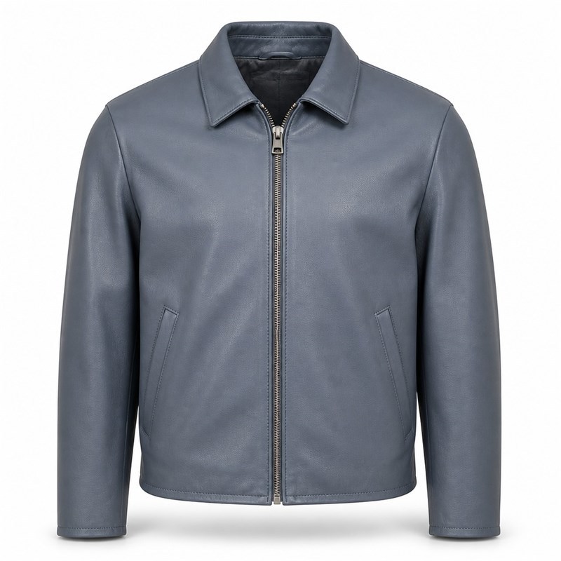 Men's Coastal Grey Blue Relaxed Commuter Leather Jacket, Danish Cut