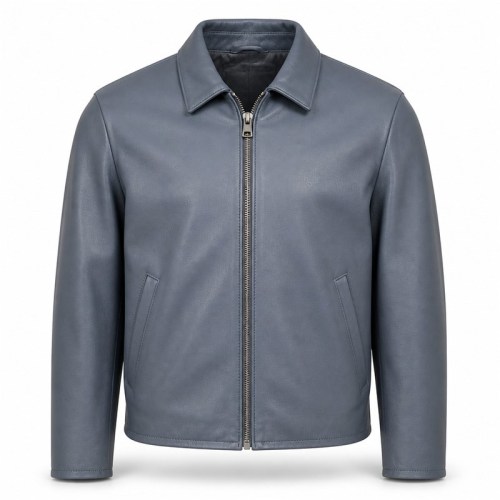 Men's Coastal Grey Blue Relaxed Commuter Leather Jacket, Danish Cut