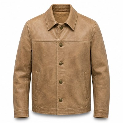 Men's Dune Tan Retro Button Leather Jacket, Plain Danish Cut