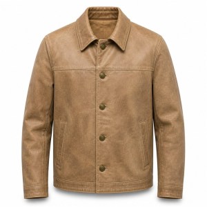Men's Dune Tan Retro Button Leather Jacket, Plain Danish Cut