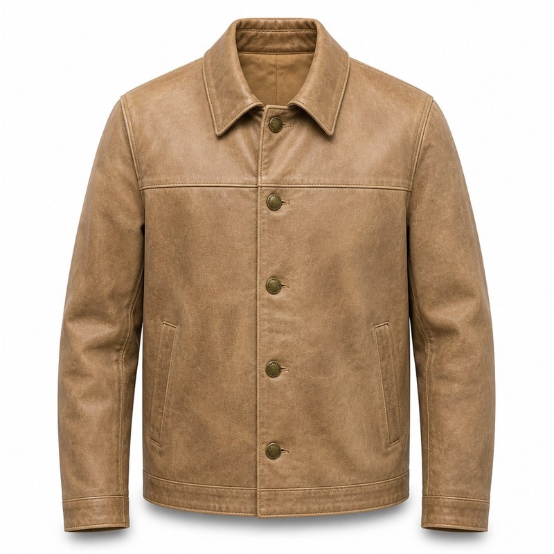 Men's Dune Tan Retro Button Leather Jacket, Plain Danish Cut