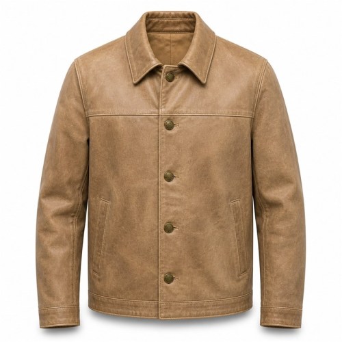 Men's Dune Tan Retro Button Leather Jacket, Plain Danish Cut