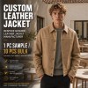 Men's Dune Tan Retro Button Leather Jacket, Plain Danish Cut