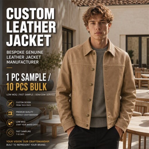 Men's Dune Tan Retro Button Leather Jacket, Plain Danish Cut