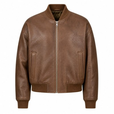 Men's Fog Tea Brown Bomber Leather Jacket, Plain Lithuanian Cut