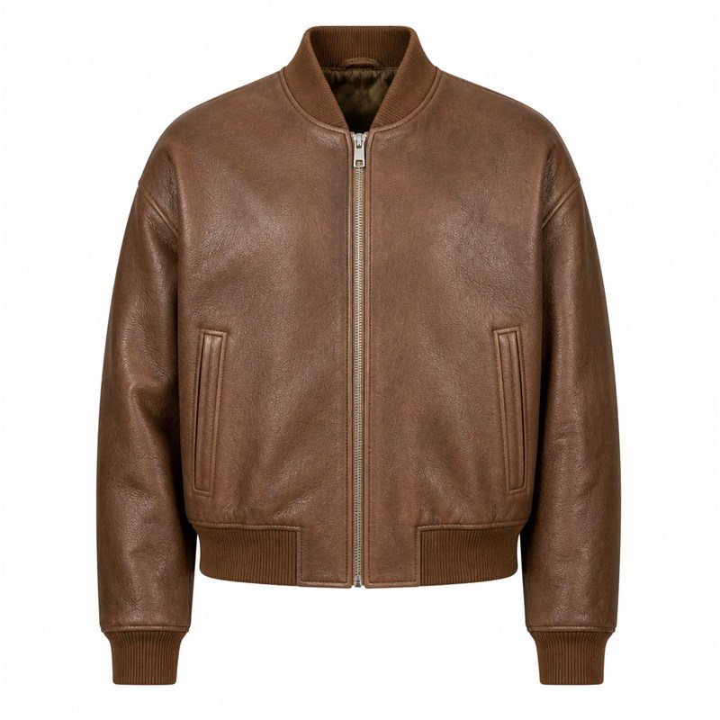 Men's Fog Tea Brown Bomber Leather Jacket, Plain Lithuanian Cut